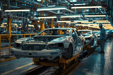 A car factory. The skeletons of the cars are on a conveyor belt.