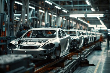 A car factory. The skeletons of the cars are on a conveyor belt.