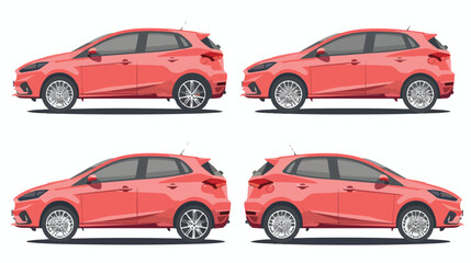 Hatchback car four angle set. Car side bacground and front