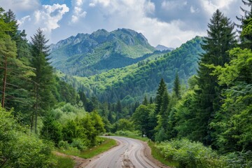 Naklejka premium Picturesque forest and mountain landscape. scenic road for tourists exploring nature and adventure