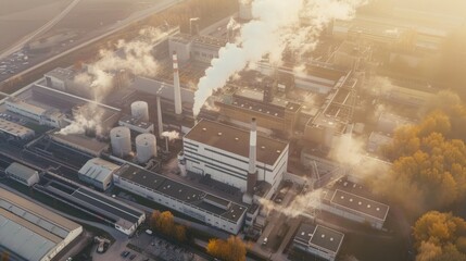 aerial view of factory chimneys with polluted smoke coming out in the air spreading carbon emission