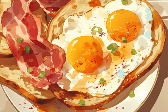 fried egg , bacon and tasted bread for breakfast, Generative Ai