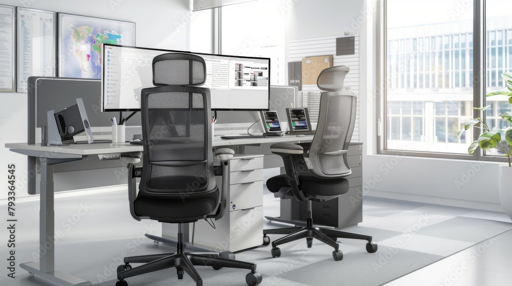 Poster office desk with two chairs and computer monitor