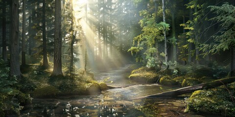 Obraz premium Mountain river creek among stones and trees in the middle reinforest in the morning