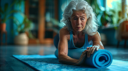 A senior woman with silver hair is rolling up a blue exercise mat indoors, focused and calm.
