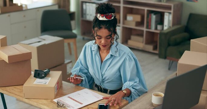 Woman, boxes and scan barcode with writing, phone and invoice for shipping info, logistics or stock at warehouse. Girl, employee and cardboard package with mobile app, documents and smile at startup