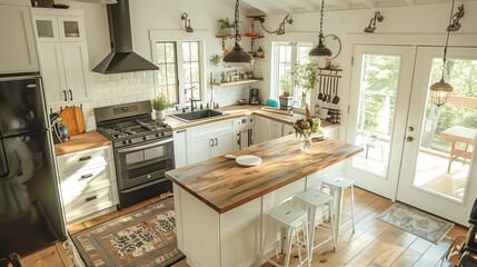 Interior Photography, Bright Kitchen with White Cabinetry and Rustic Accents,