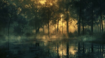 A forest with a foggy mist and a lake in the middle