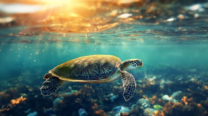 A sea turtle moves away from ocean rubbish, illustrating an ecological theme related to marine pollution.