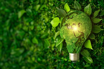Lightbulb with world map overlay and foliage representing green energy concept