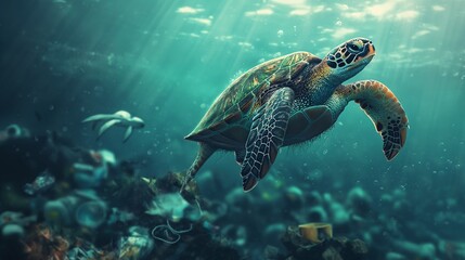 In an ecological perspective, a turtle avoids ocean debris, signifying the ecological issue of marine pollution.