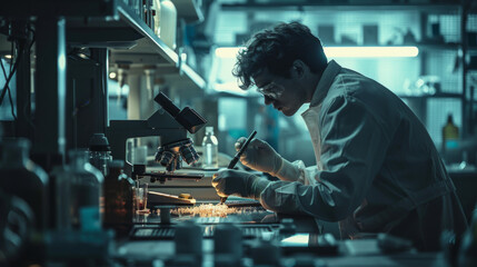 Virologist concentrating on research in a lab with microscope and notes.