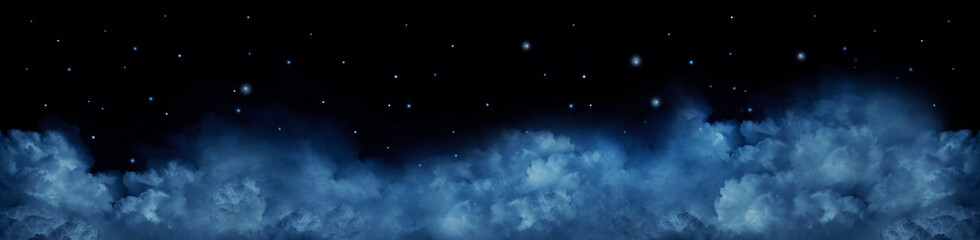 Black dark blue white starry cloudy night sky background. Above the clouds. Moonlight. Stars. Outer space universe infinity cosmos. Design. Dream.  Fantasy. Christmas. Panorama. Wide. - obrazy, fototapety, plakaty
