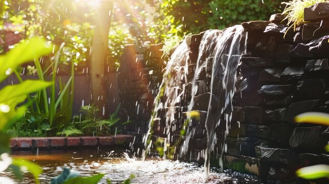 Waterfall in the garden with beautiful greenery, beautiful landscape with beautiful plants and flowers
