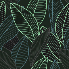 Vector seamless pattern with stylized leaves. Background Curved lines Leaves black and green. Vector illustration for your design.