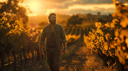 Man standing amidst vineyard rows at sunset, with warm golden light illuminating the scene.