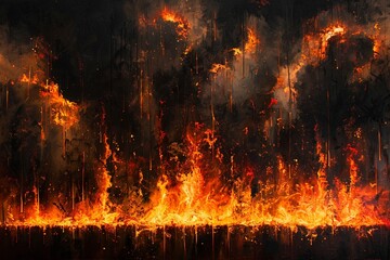 Witness the captivating display of fiery flames rising upwards from a solid black background, illuminating the darkness with a mesmerizing and intense heat - obrazy, fototapety, plakaty