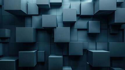 Abstract dark geometric blue 3d texture wall with squares and rectangles background banner illustration, textured wallpaper