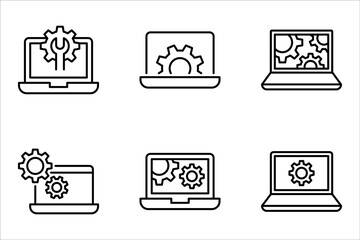 Technical support icon set. Computer service. Gears on screen laptop. vector illustration on white background