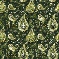 Seamless fabric pattern. Paisley pattern, watercolor, olive green, textile, elegant background