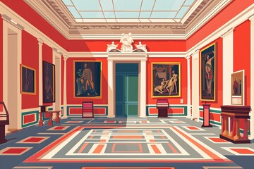 A stately art gallery hall adorned with classic paintings, suitable for historical and cultural themes. - obrazy, fototapety, plakaty