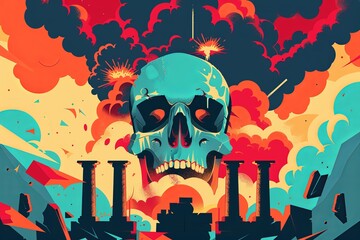 A skull symbolizes destruction over a cityscape, ideal for dystopian themes and speculative fiction. - obrazy, fototapety, plakaty