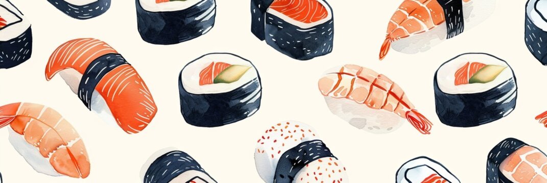 Artful watercolor sushi pattern, perfect for food-related design work, restaurant decor, or culinary presentations.