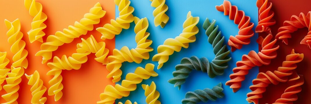 High-contrast image of pasta in a playful arrangement of orange, blue, and red for culinary projects or food-themed graphics.