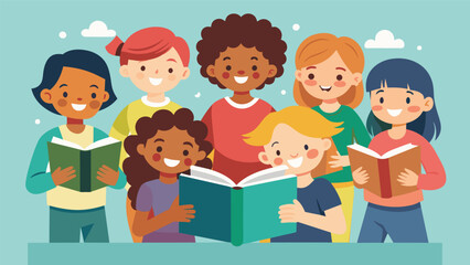 A group of children eagerly sharing their favorite books and series with each other bonding over their love of reading at the Reading