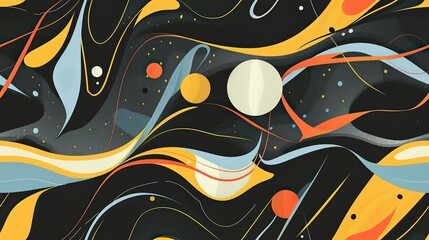 Abstract, Retro-Futuristic Style, on a Black Background, with fluid shapes and lines suggesting motion and energy, a juxtaposition of past and future aesthetics,
