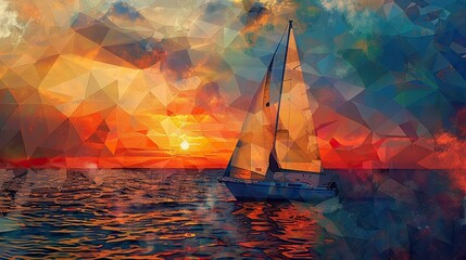 Abstract sailboat on the ocean with geometric shapes and a backdrop of sunset colors