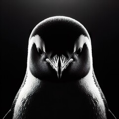 A Penguin portrait, with the rim light. The background is black - obrazy, fototapety, plakaty