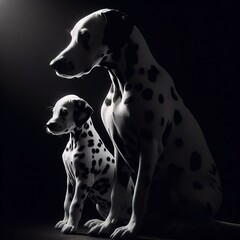 A Dalmatian mother and her baby, with the rim light. The background is black