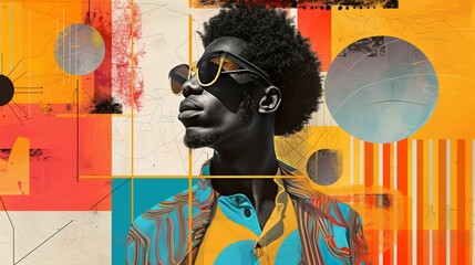 Artistic modernist collage featuring a stylish african american man sporting sunglasses, set against a vibrant background with dynamic geometric shapes and textured overlays