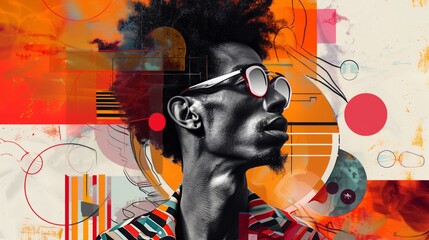Vibrant and dynamic digital collage art piece, incorporating a side profile of a stylish african american man with sunglasses within abstract modernist elements