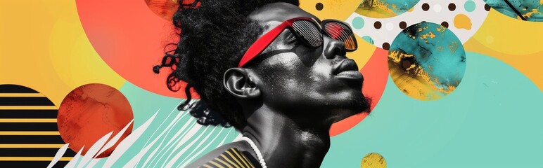 Stylish african american man with sunglasses; dynamic and modernist collage, incorporating vibrant colors and abstract geometric shapes. Perfect for trendy and artistic concepts. Panoramic banner