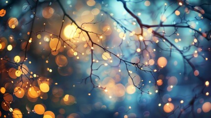 A tree branch with lights shining on it