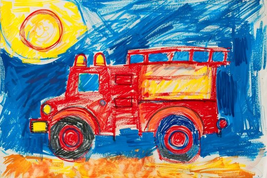 A childs crayon painting of a fire engine.
