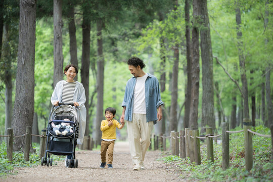 A family of four Japanese (Asians) walking together smiling and holding hands through fresh greenery and beautiful greenery Image of insurance and leisure outings