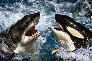 A big white shark and an orca fighting undersea.