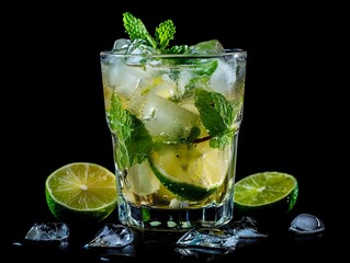 Close-up of a lemon mojito cocktail with ice and mint. Fresh alcoholic mojito cocktail isolated on black background.