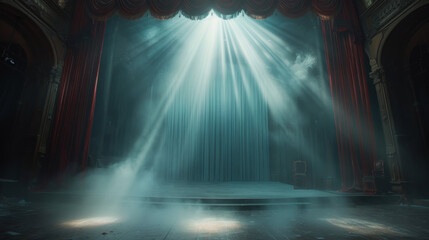 Dramatic theater stage illuminated by beams of light piercing through haze against a dark backdrop.