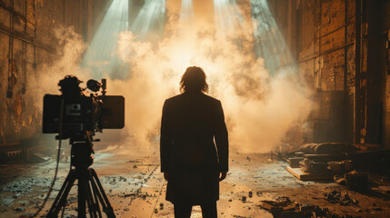 A silhouette of a person standing on a dimly lit set with beams of light filtering through smoke, beside a camera.
