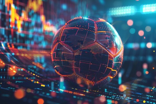 Close-up of a soccer ball with glowing data analytics overlay