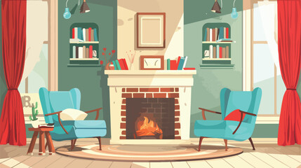 Interior living room. Fireplace and chairs. Vector flat