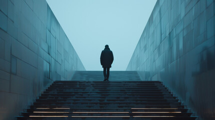 Silhouette of a person standing atop stairs between high walls, with a foggy, cinematic blue tone. - Powered by Adobe
