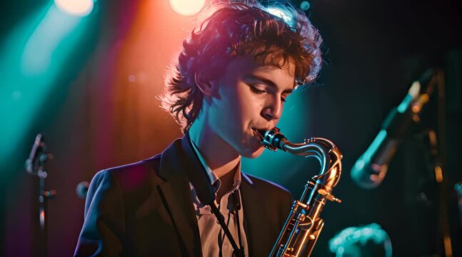 handsome young man is playing the saxophone musical instrument
