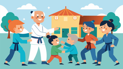 Students from a martial arts school visit a retirement home engaging in friendly sparring matches with the seniors and fostering