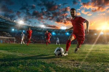 Dynamic soccer player dribbling the ball during a match at sunset with stadium background