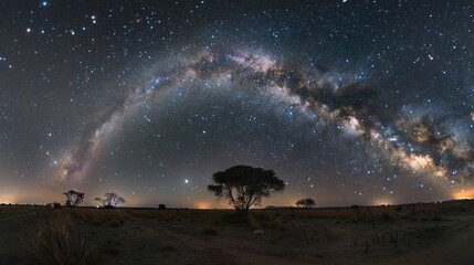 Epic Panoramic astrophotography of visible Milky Way galaxy. Stardust at night sky - obrazy, fototapety, plakaty
